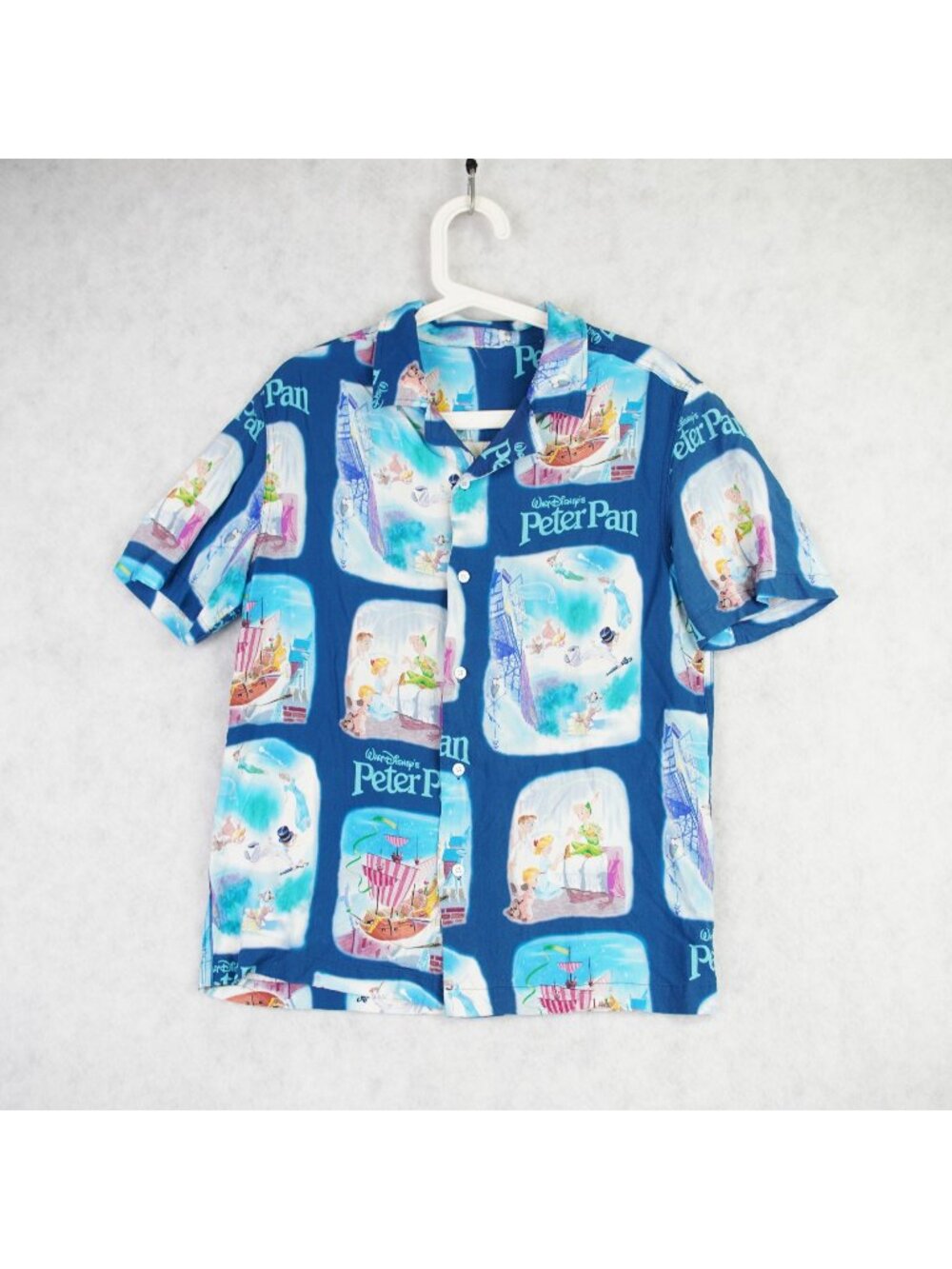 Disney Parks Peter Pan All Over Print Viscose Button Up Camp Shirt Mens S Blue